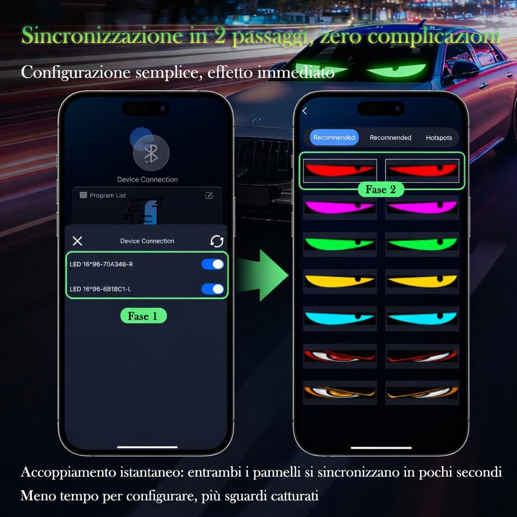 Detalle de LED Auto Occhi “Devil Eyes” – Display LED programmabile USB per parabrezza/lunotto