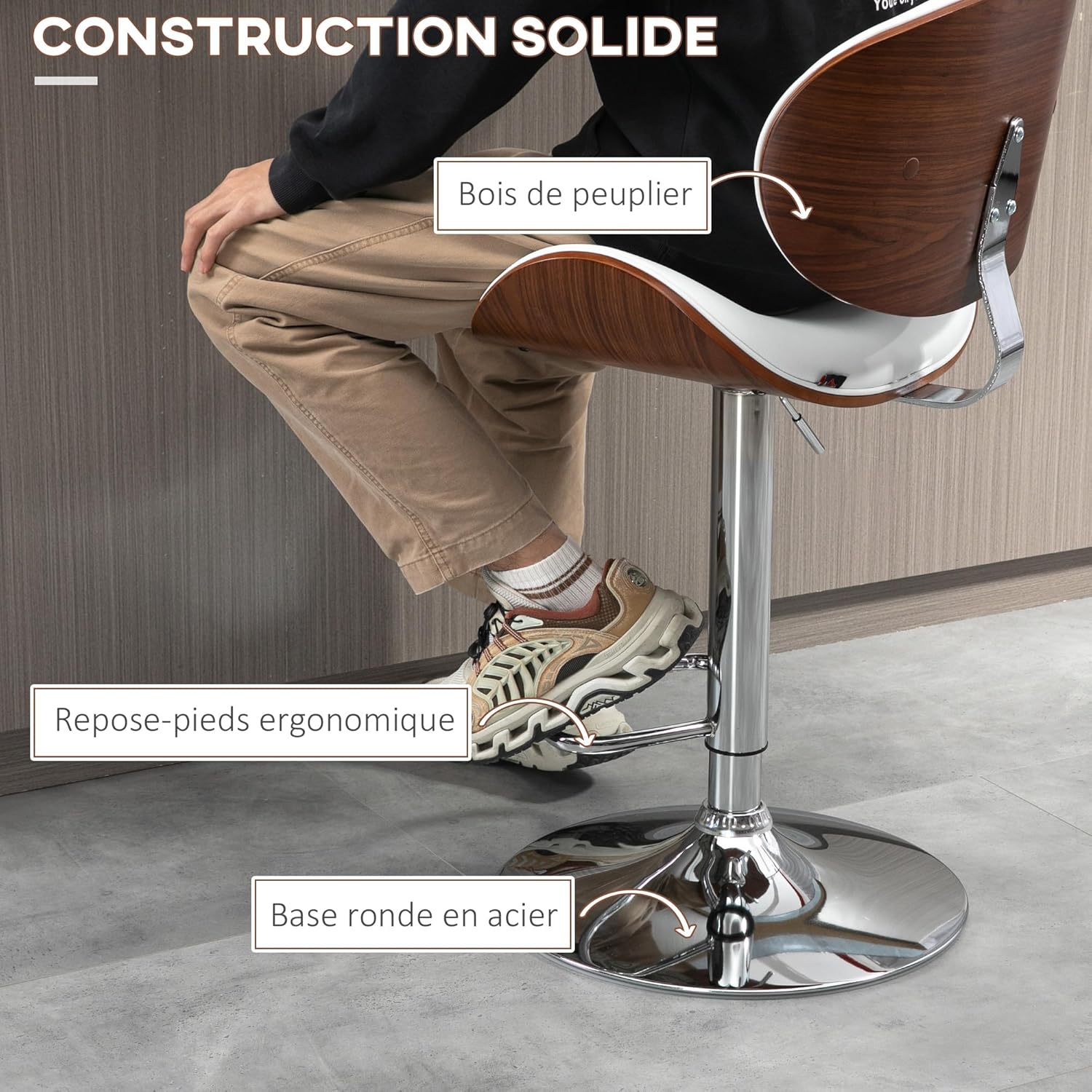 Thumbnail 6 de HOMCOM Lot de 2 tabourets de Bar Chaise de Cuisine avec Dossier – régle bassement et pivotants, blanc
