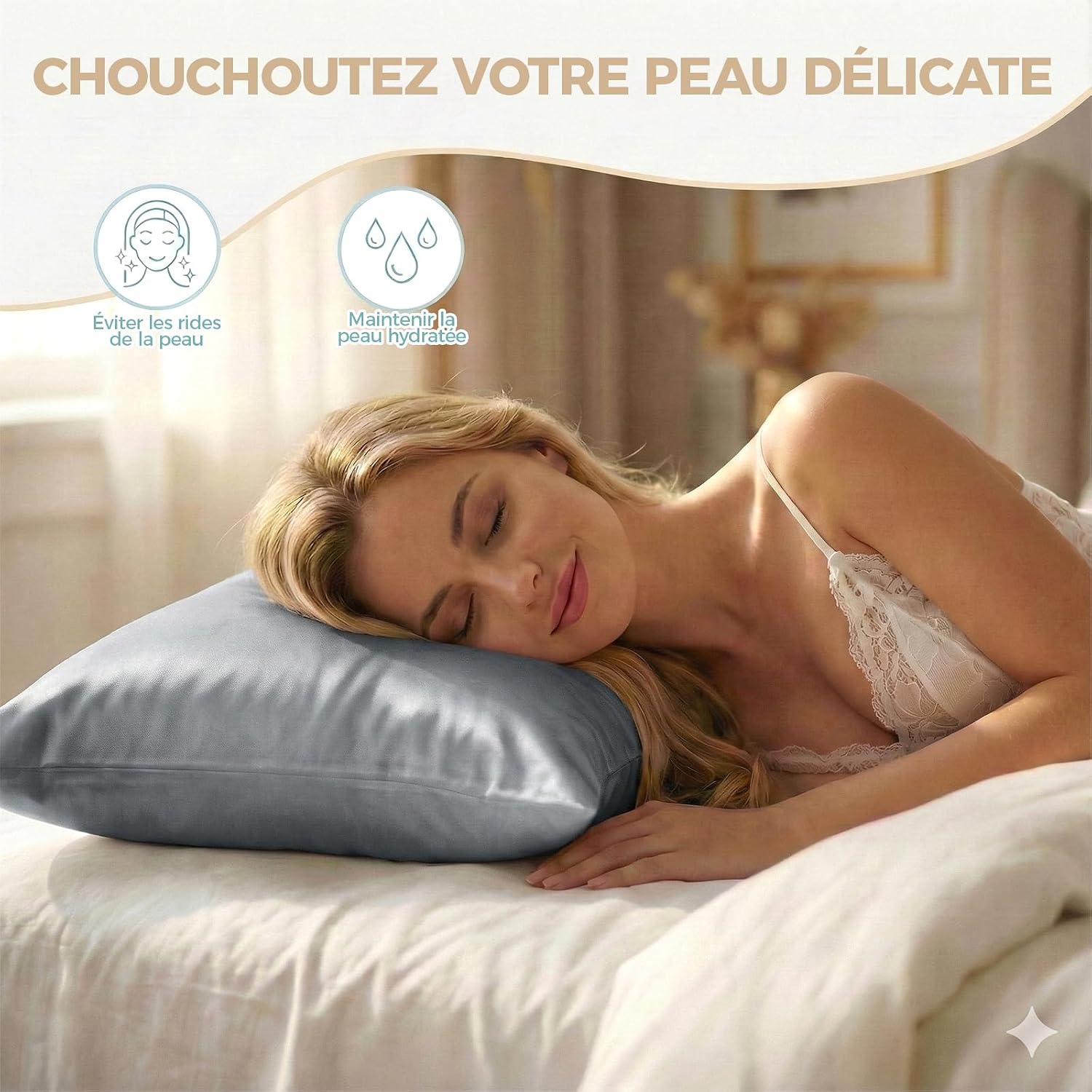 Detalle de Taie d’oreiller satin 65x65cm – Gris foncé, 2 pièces, soin peau et cheveux
