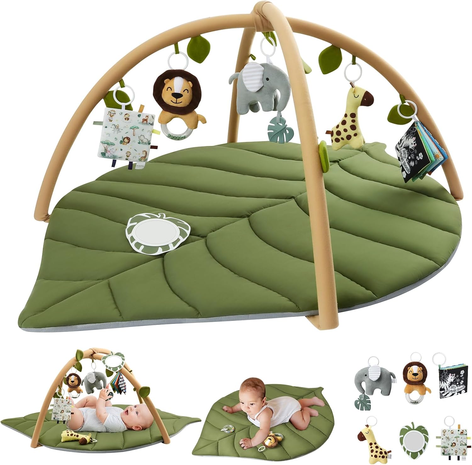 Blissful Diary Tapis d’éveil bébé avec arche amovible et 6 jouets – forme feuille, vert forêt