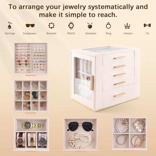 Detalle 2 de Homeanda Schmuckkästchen Groß, 5 Etagen Box mit Glasdeckel, Beige – stilvoll organisiert