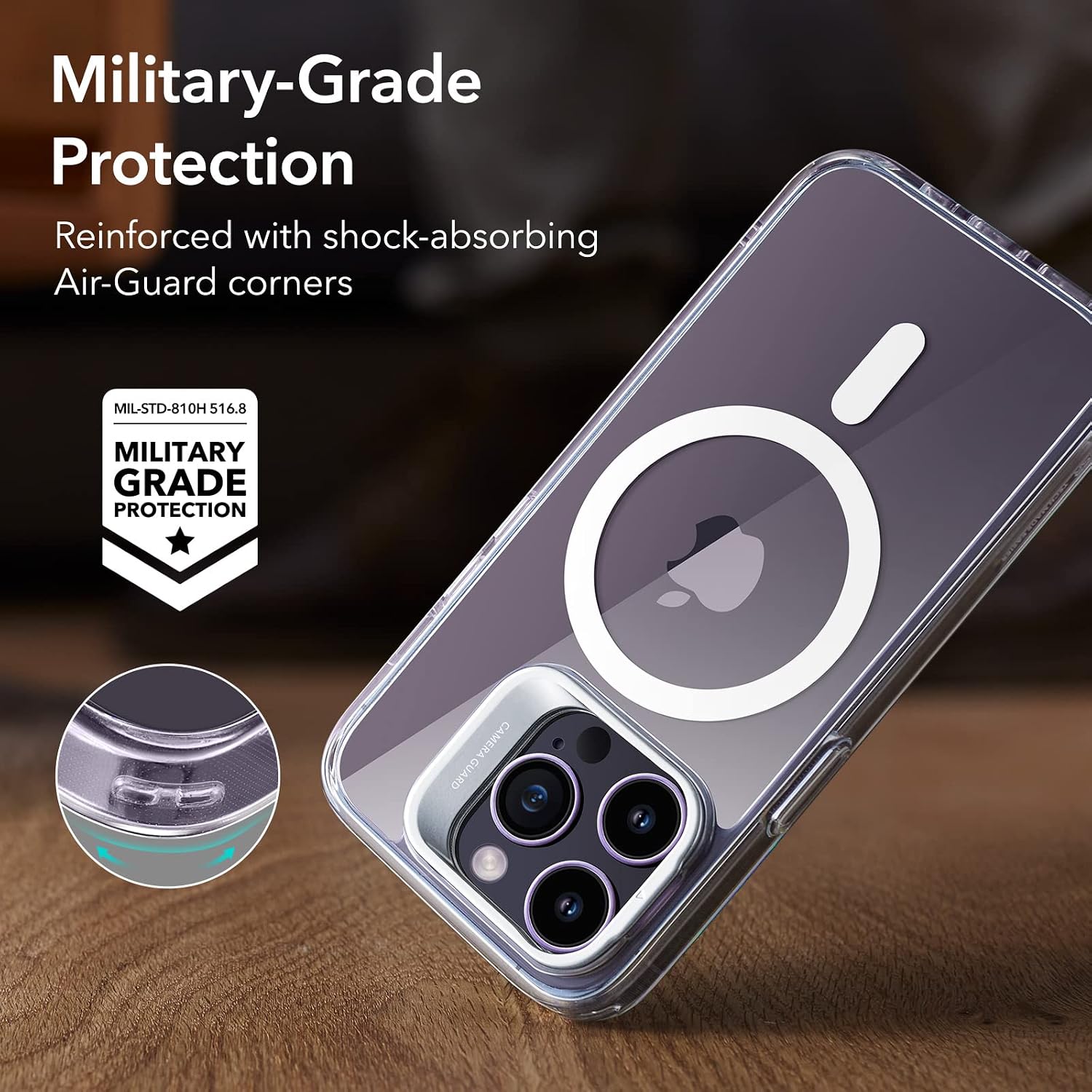 Detalle de ESR iPhone 14 Pro magnetic case with camera ring stand (clear) — MagSafe compatible