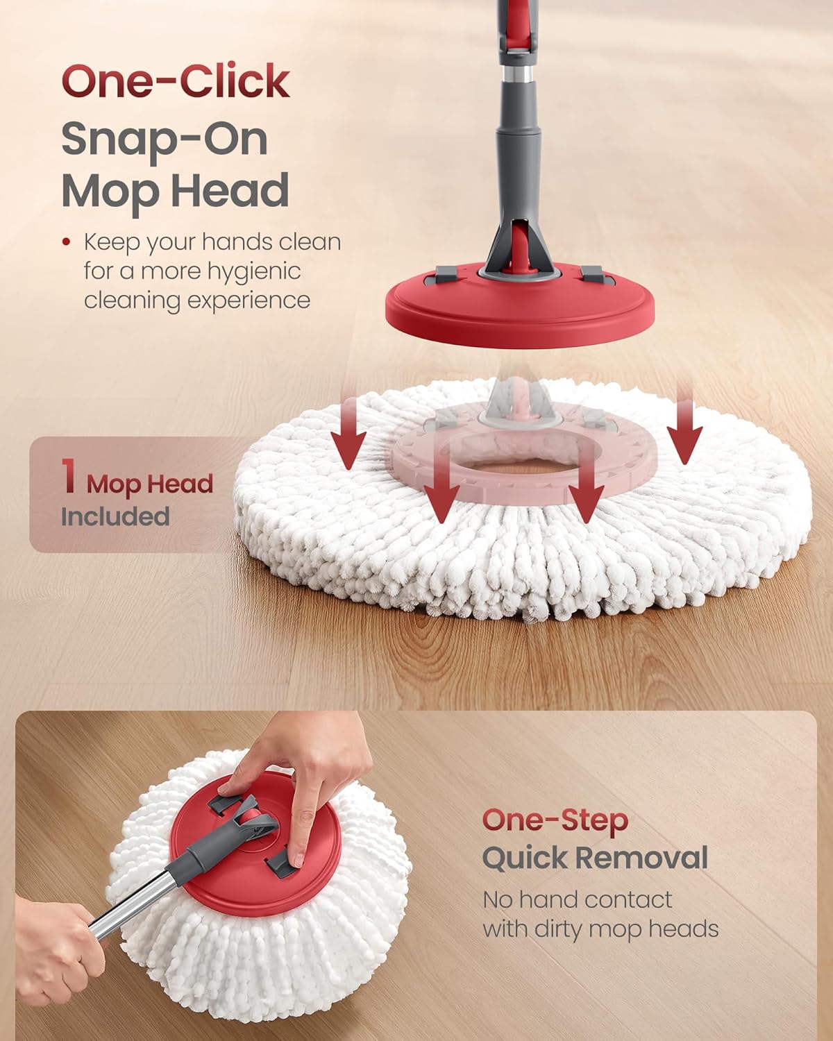 Detalle 2 de SONGMICS Spin Mop Bucket Set with Pedal Wringer (LMB002GT03) – 122.5–150 cm Adjustable Telescopic Handle