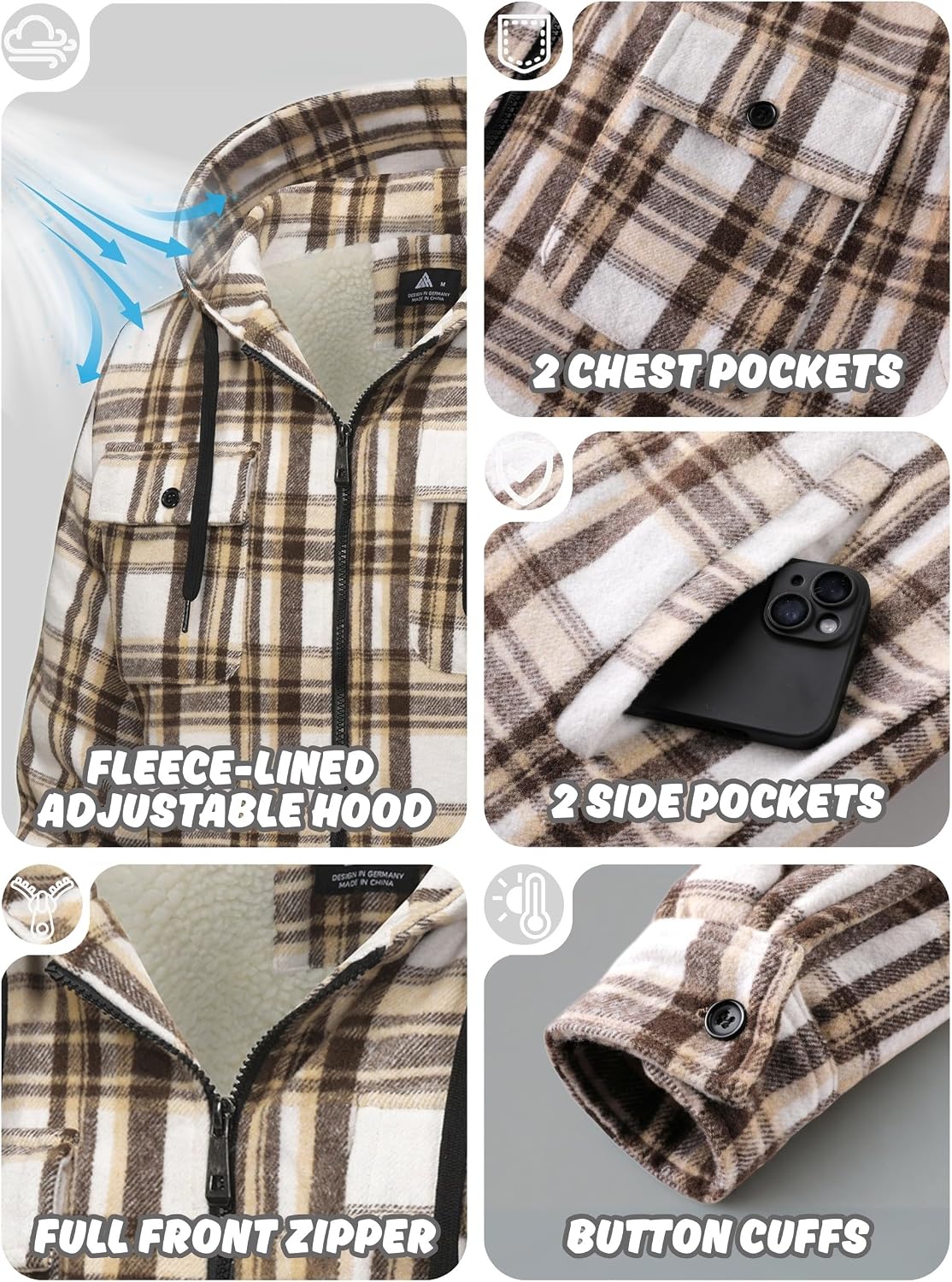 Detalle 2 de Ceoutdoor Men's Plaid Sherpa-Lined Fleece Jacket, Hood, Zip Front, 4 Pockets
