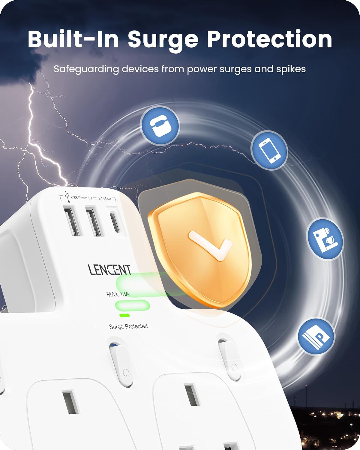 Detalle de LENCENT 3-Way Plug Extension with Surge Protection, 1 USB-C and 2 USB-A Ports (13A, 3250W)