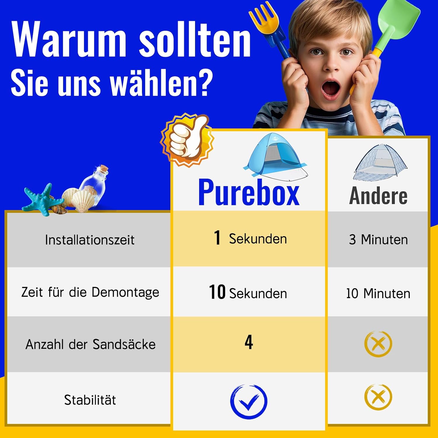 Thumbnail 6 de Strandmuschel Pop Up Strandzelt mit Reißverschlusstür (UV-Schutz 50+), für 1–3 Personen