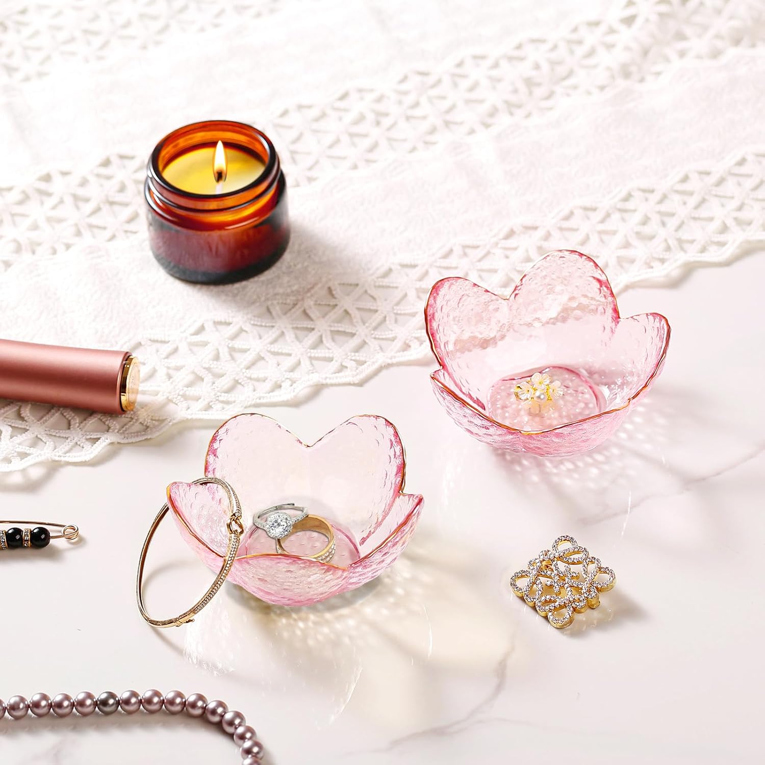 Detalle de Binoster Pink Flower Trinket Dish Set (2 pcs) – Jewellery and Ring Holders for Small Desk or Bedroom Storage
