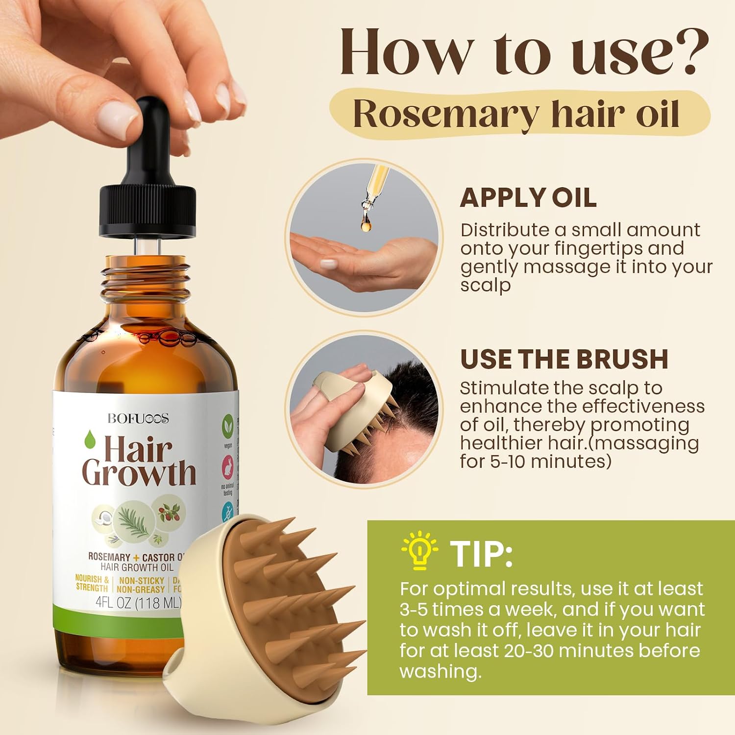 Detalle 1 de Bofuoos Rosemary Oil for Hair Growth & Castor Oil Scalp Massager Set (118ml) for strengthening and soothing
