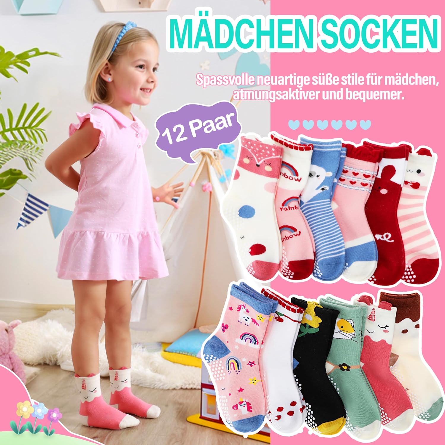 Detalle 2 de Welwoos Stoppersocken 12 Paare für Mädchen