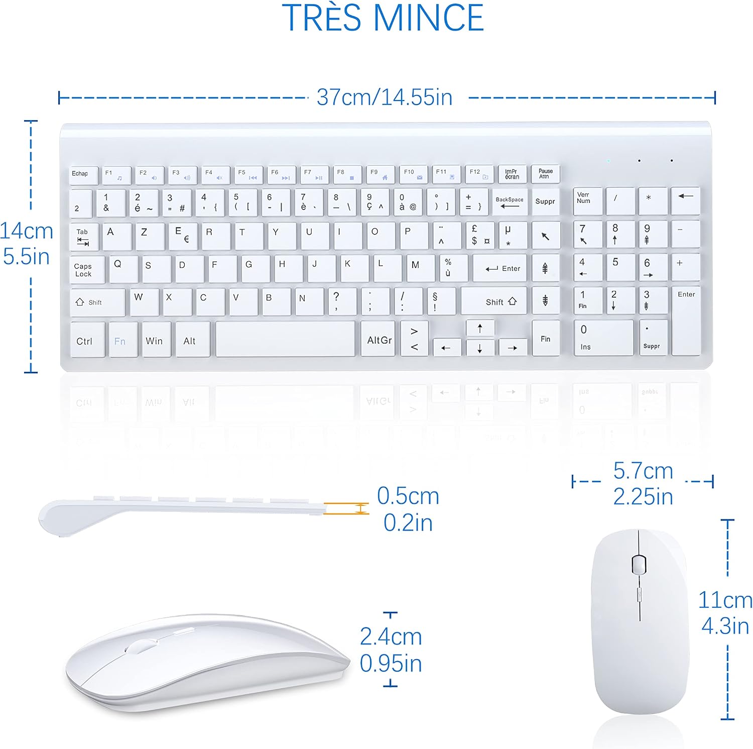 Detalle de TopMate Ensemble Clavier et Souris sans Fil Ultra-Mince – Kit Clavier + Souris 2.4G, DPI 2400, blanc