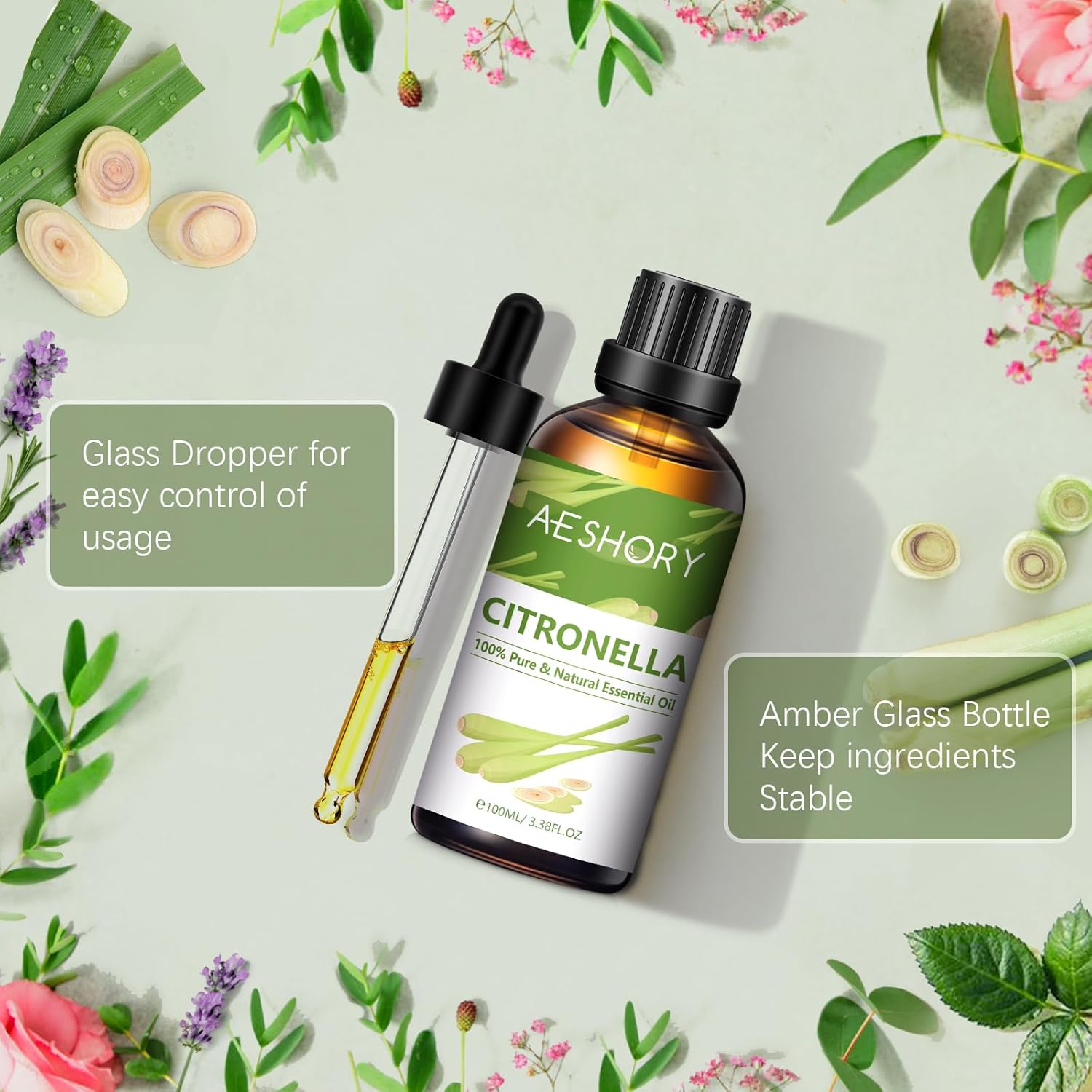 Detalle de AESHORY Citronella Essential Oil (Pure) 100ml – steam-distilled for diffusers, cleaning and DIY skincare