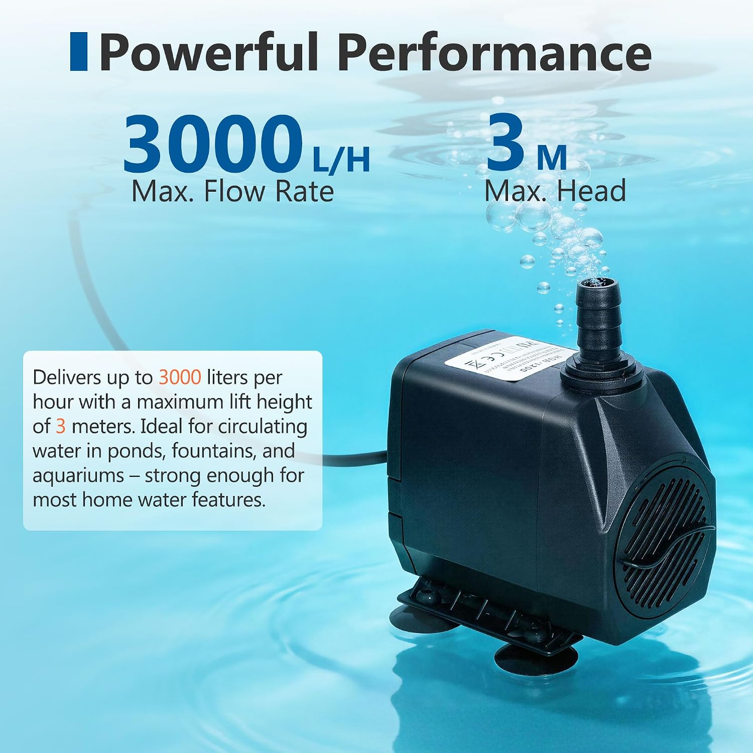 Thumbnail 1 de Orientools Submersible Water Pump (3000L/H, 60W) — 230V with 4 Nozzles for Fish Tank, Pond, and Hydroponics