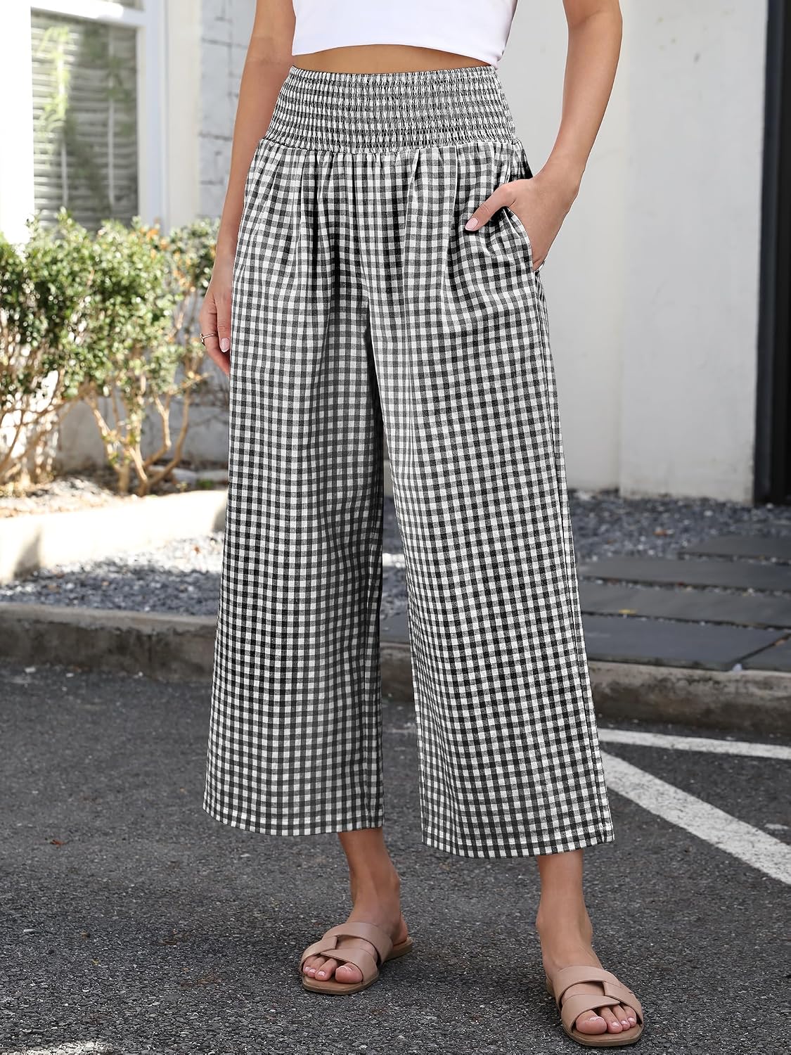 Thumbnail 4 de ANRABESS Striped Gingham Palazzo Pants with Smocked High-Waisted Cropped Design