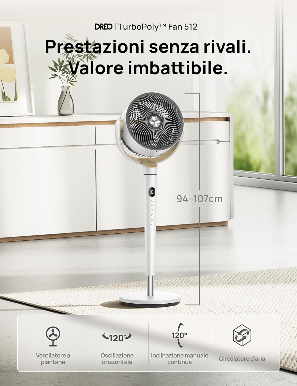 Detalle de DREO Ventilatore da stanza TurboPoly 512: silenzioso, oscillante 120°+120° e 9 velocità per una circolazione d’aria capillare