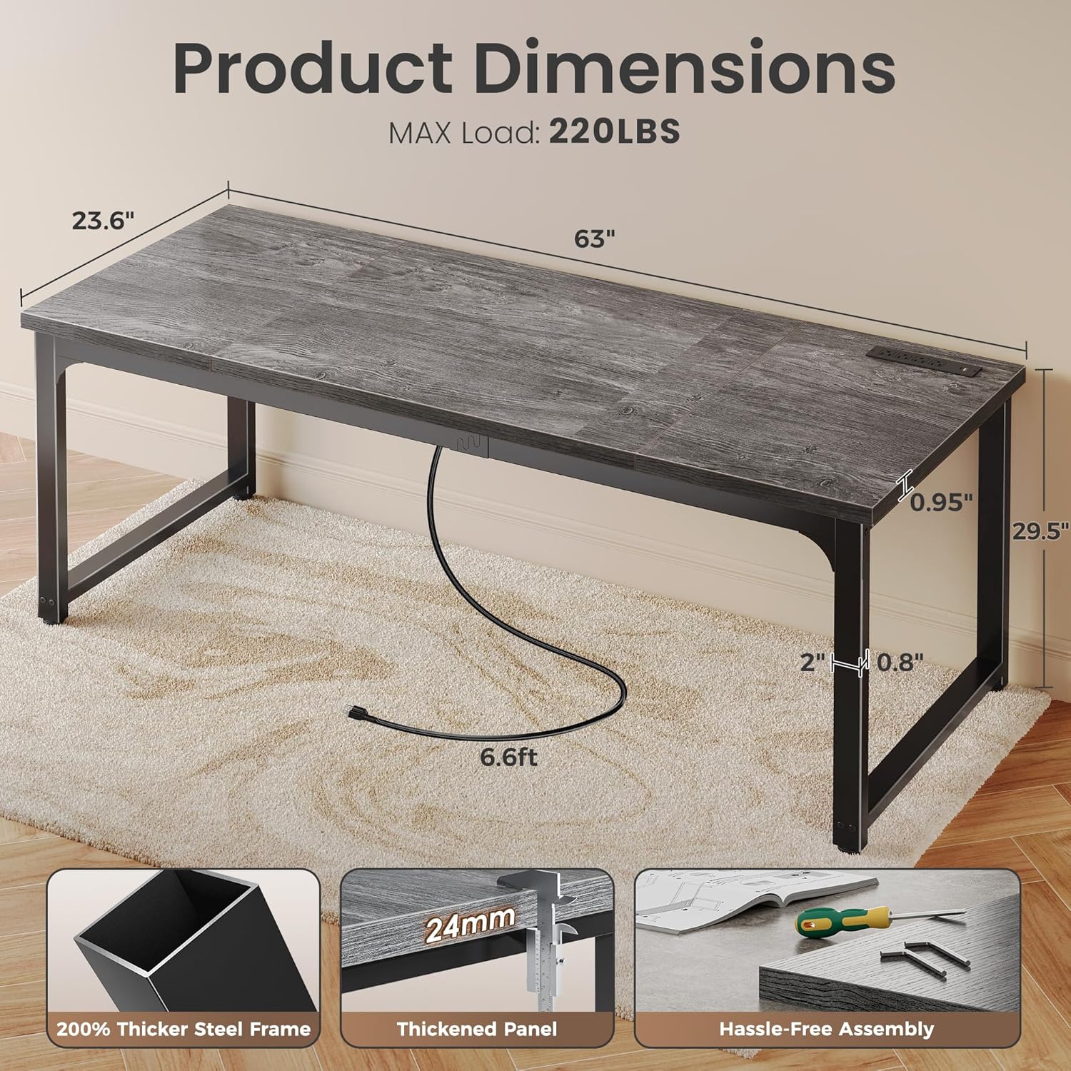 Detalle 2 de Huuger 63x24 Desk with USB-C 🧑