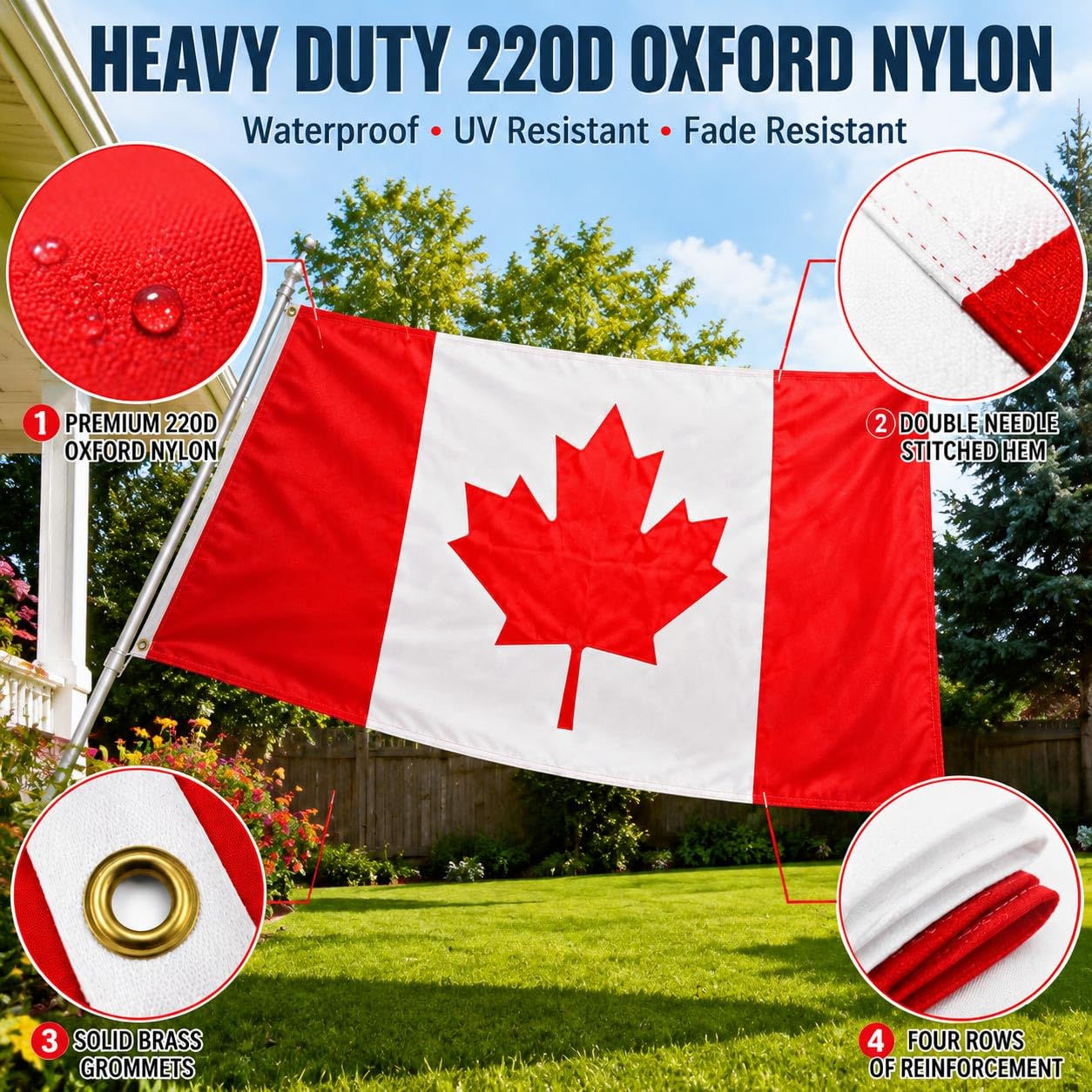 Detalle 2 de Aquaivis 3×5 Canadian Flag, 220D Oxford Nylon with Embroidered Maple Leaf