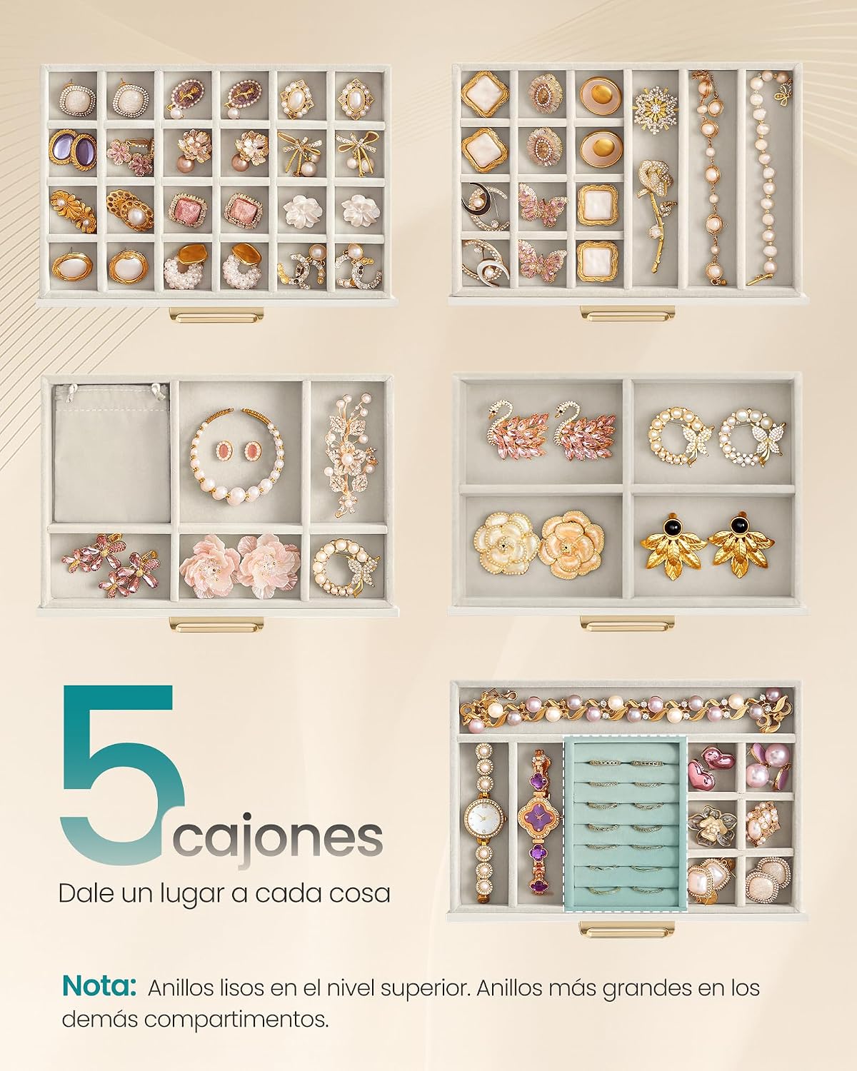 Detalle 2 de SONGMICS Joyero con 5 cajones y tapa de cristal – Organizador elegante para tocador