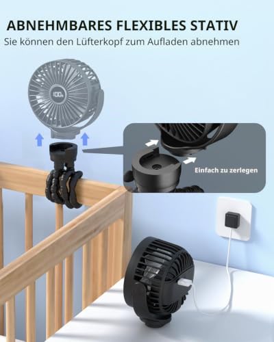 Thumbnail 6 de KIDEE Ventilator Kinderwagen – Tragbarer Ventilator mit LED-Display, 3 Stufen, USB-Aufladung, Tiefschwarz