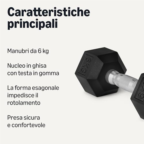Detalle 2 de Amazon Basics manubri esagonali 6 kg con rivestimento in gomma, set di 2 neri