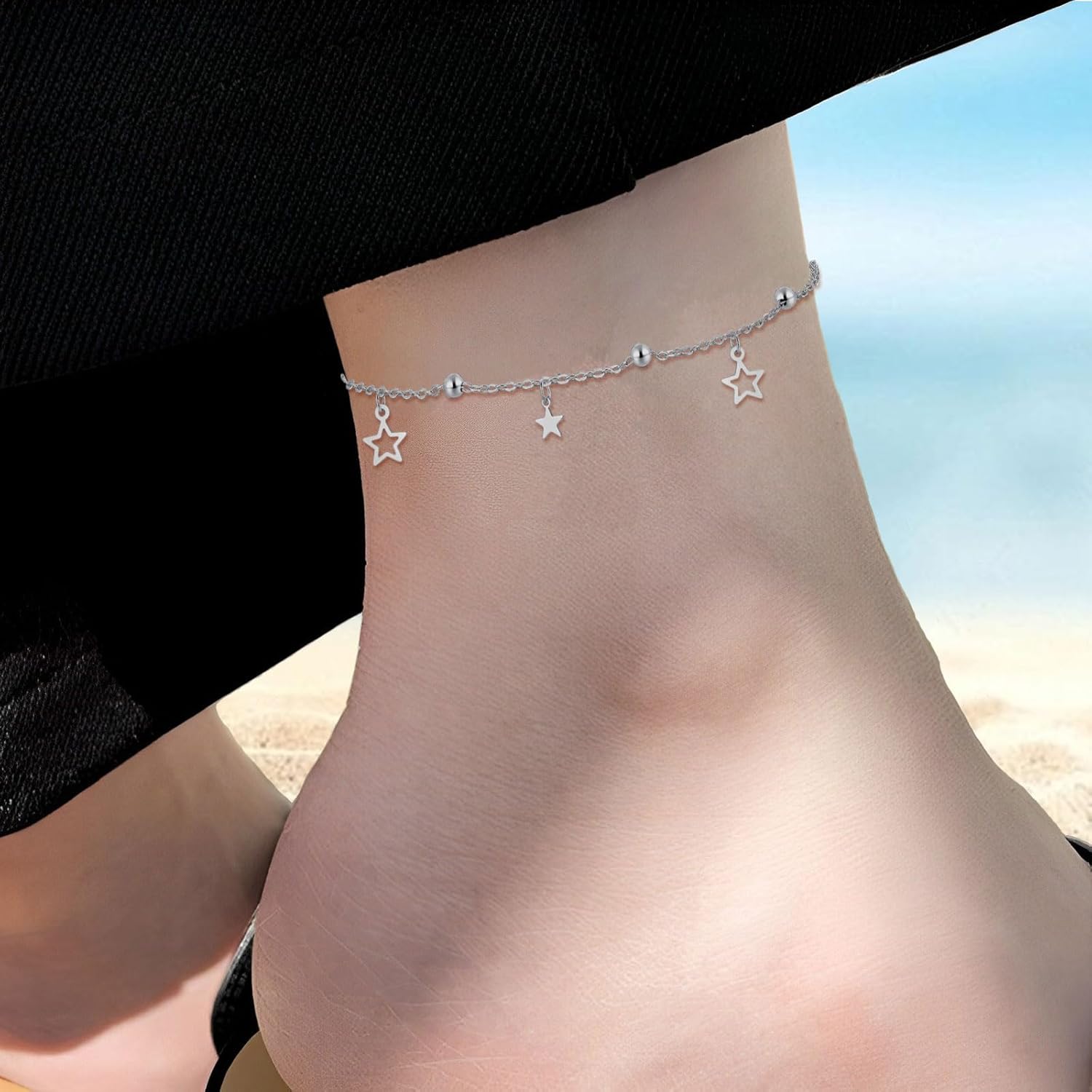 Thumbnail 3 de Josfeva Fußkette Silber 925 – filigranes Fußkettchen mit Sternen Anhänger, 20 cm + 5 cm Verlängerung