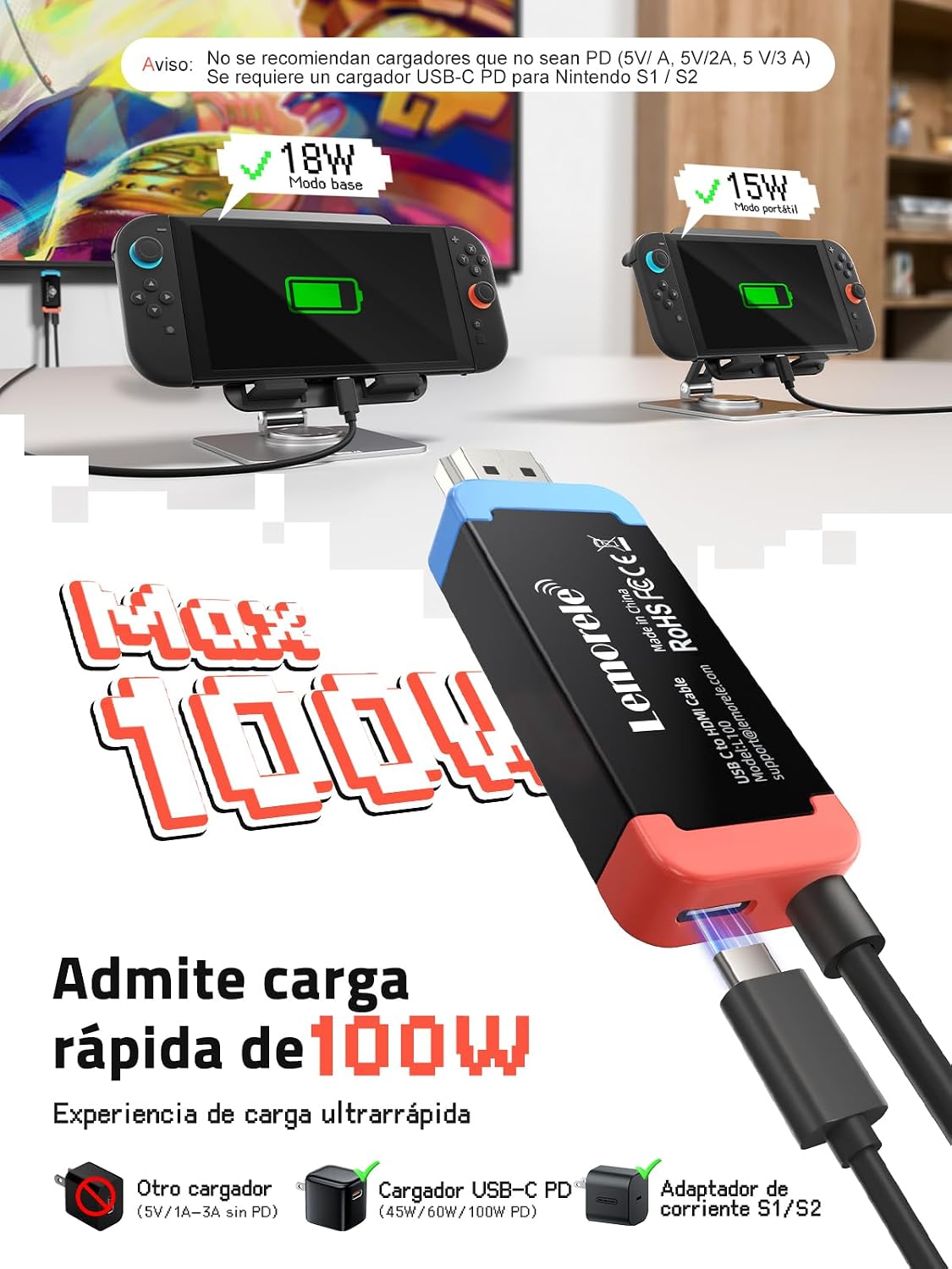 Thumbnail 3 de Lemorele Adaptador USB-C a HDMI 4K60Hz con PD 100W y cable de 2 m para Switch 2/OLED, Steam Deck y más