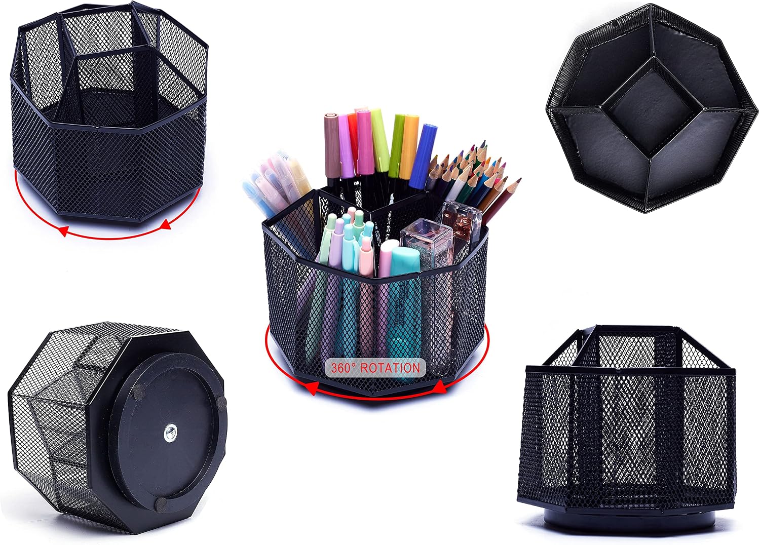 Detalle de EXERZ 360° Rotating Desk Organiser (Mesh Desk Tidy Caddy) with 5 Compartments