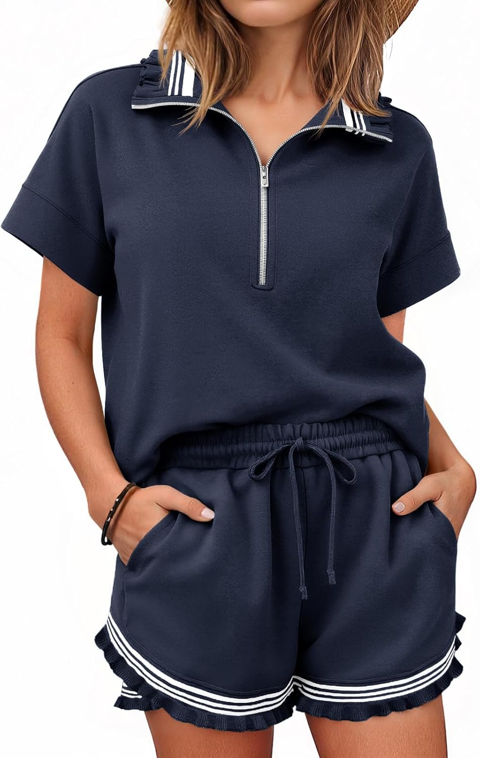 Detalle de Aoysky 2 Piece Outfits Short Sets for Women: Lightweight, Cozy Loungewear with Ruffles