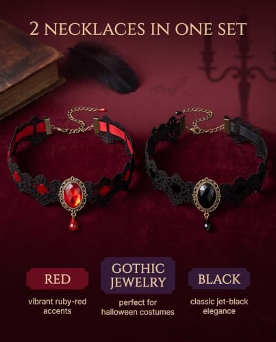 Detalle 1 de KACZUS Collane choker in pizzo nero e rosso, set da 2 con pendente
