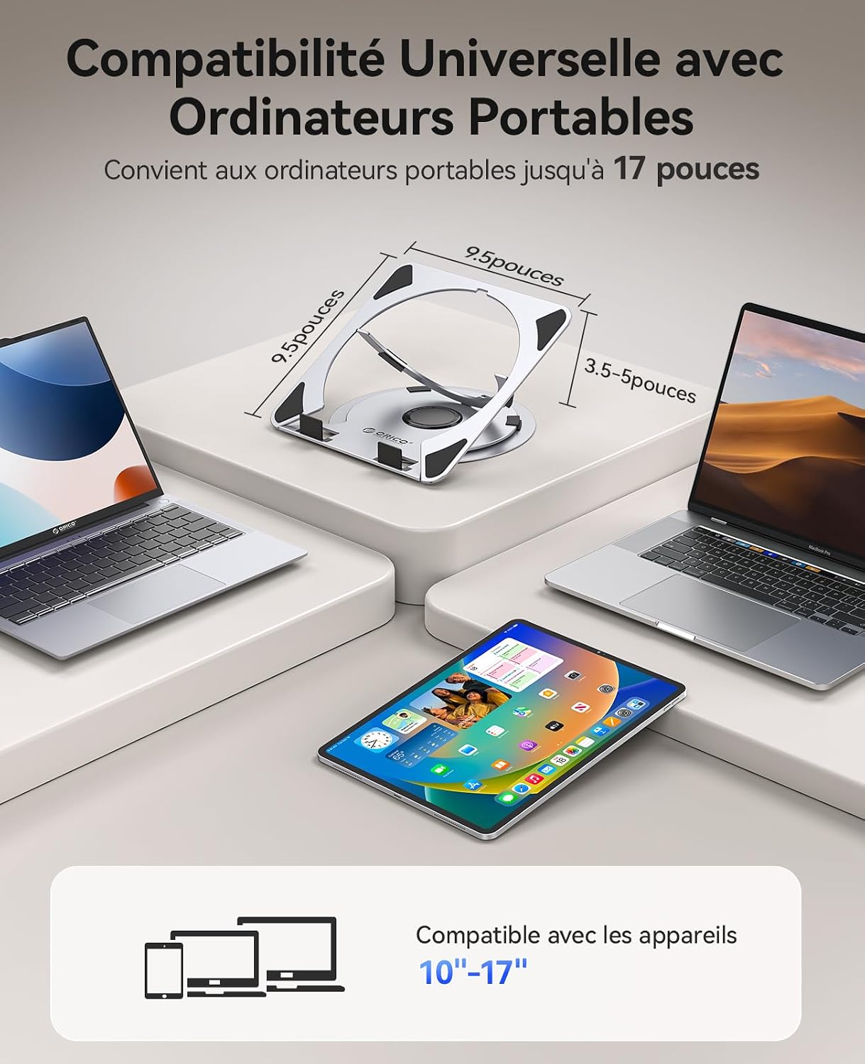 Detalle 2 de ORICO Support ordinateur portable ventilé réglable NS1 en aluminium, hauteur à 5 niveaux et rotation 360° (10 à 17,3")