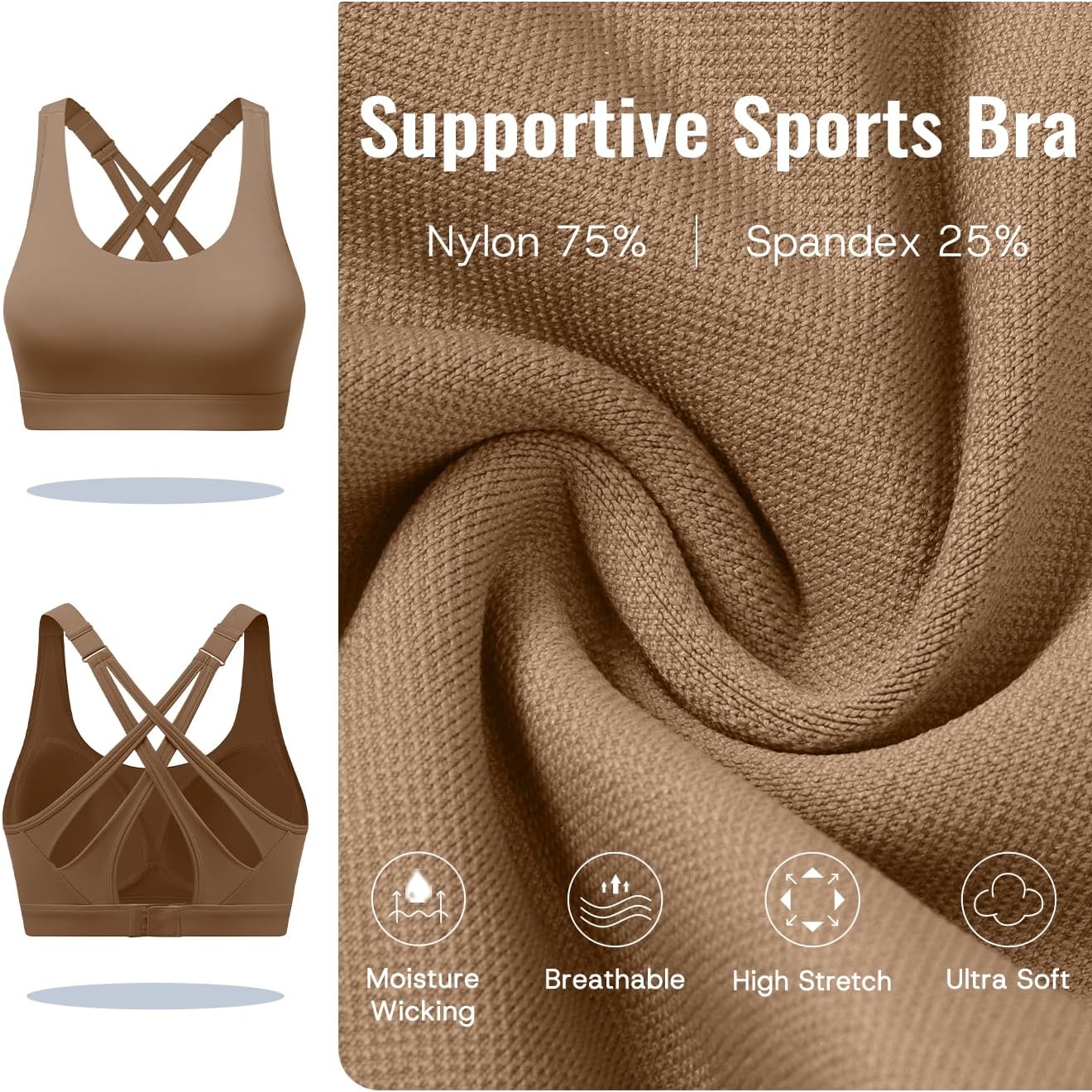 Detalle de BYAWAY High-Impact Sports Bra with Moulded Cups, Adjustable Straps & Hook Closure
