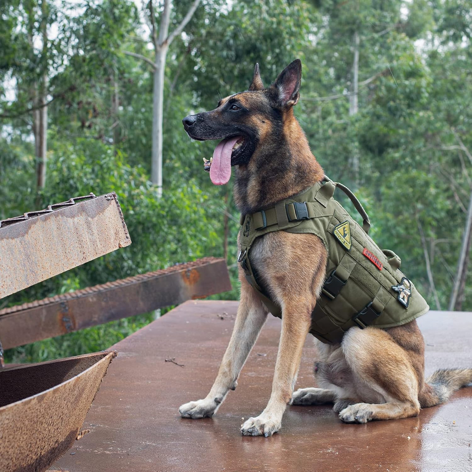 Thumbnail 6 de OneTigris harnais tactique réglable anti-traction pour chien, 3 poignées, 2 boucles métal, vert XL