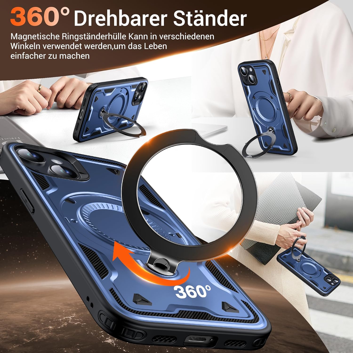 Thumbnail 2 de WYUIC Hülle für iPhone 14/13 mit drehbarem Ring-Ständer – robuste Stoß- und Kratzschutzhülle in Blau