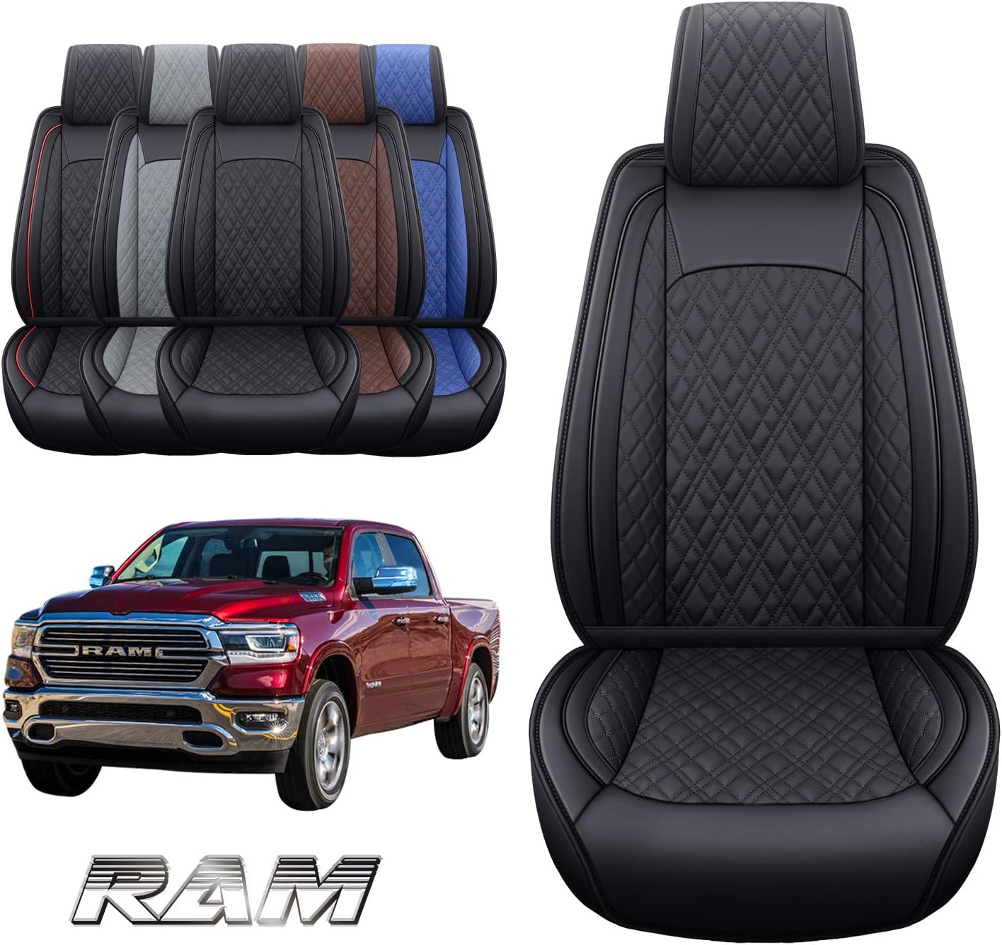 Detalle 2 de YIERTAI Faux Leather Car Seat Covers for Dodge Ram (2009–2026) 1500/2500/3500 Front Seats, Black