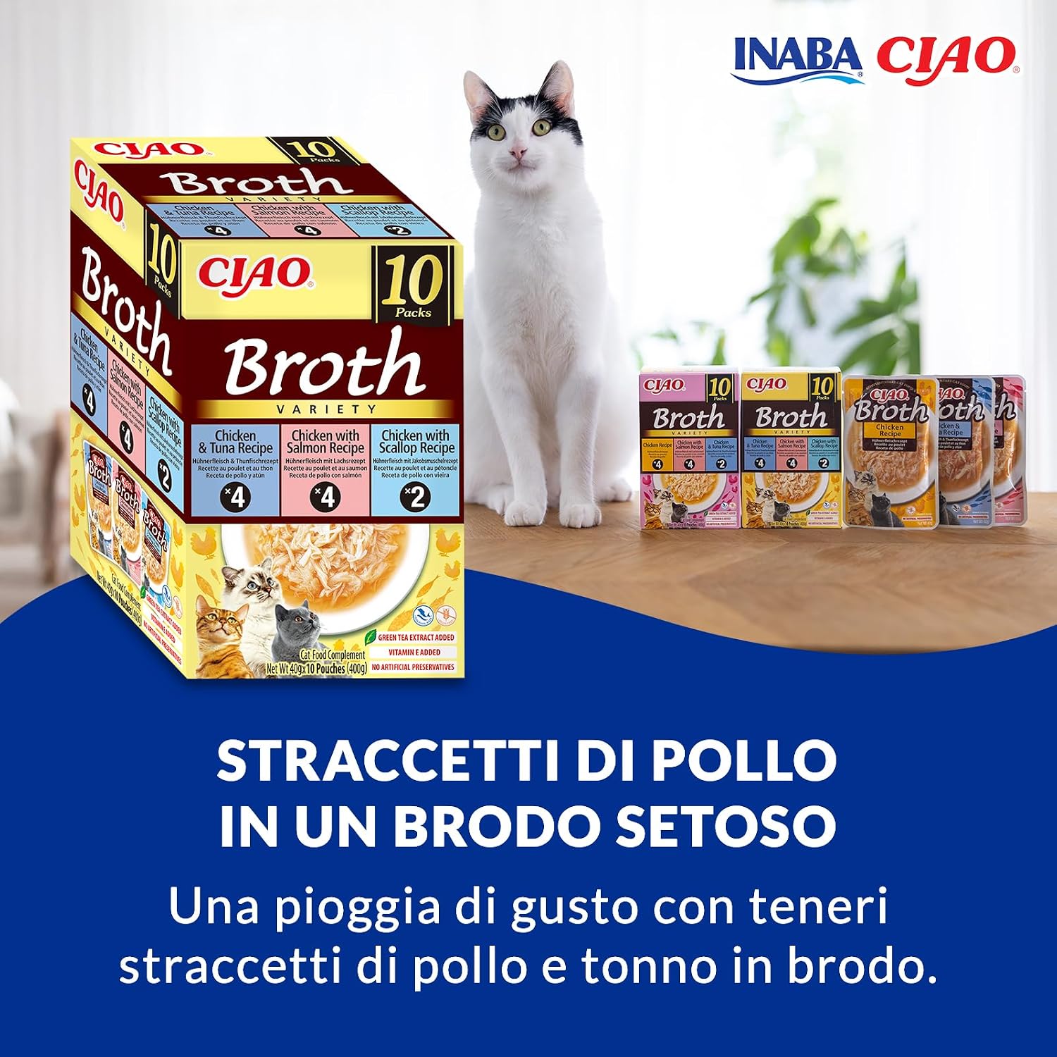 Detalle 2 de INABA CIAO Brodo di Pollo per Gatti in 3 Gusti — 10 Buste x 40 g, Cibo Umido con Straccetti di Pollo, Tonno, Salmone e Capesante