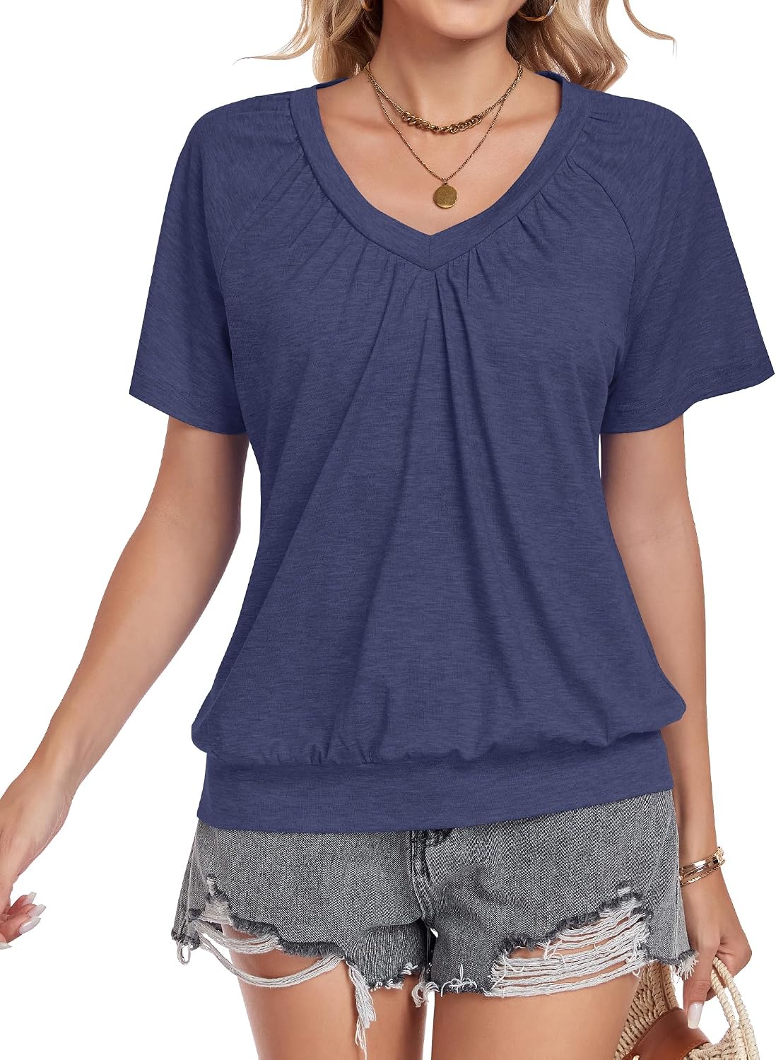 Detalle de WNEEDU Damen Basic T-Shirt mit V-Ausschnitt – Sommeroberteil mit plissiertem Frontmieder