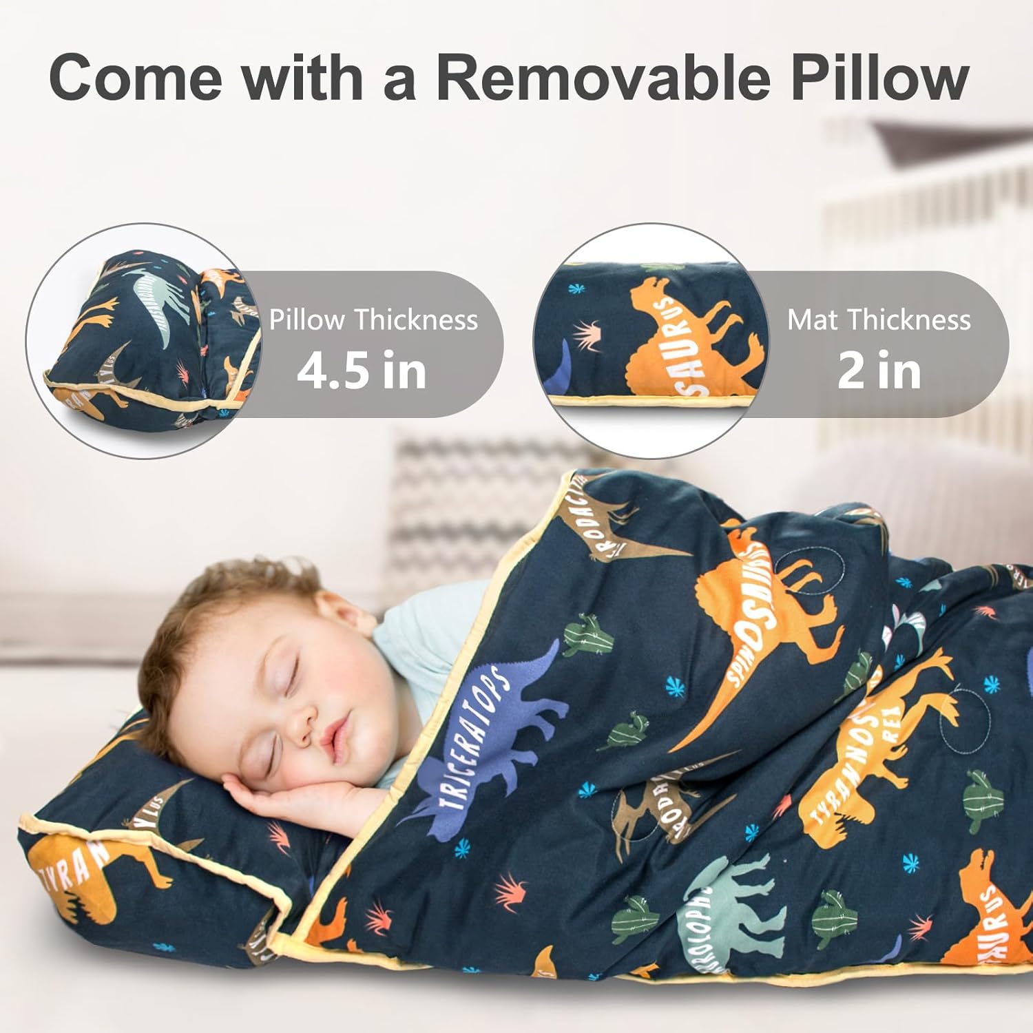 Thumbnail 3 de Primlect Thickened Toddler Nap Mat with Removable Pillow and Minky Blanket (55''x35''), Washable Roll-Up Sleeping Bag for Daycare