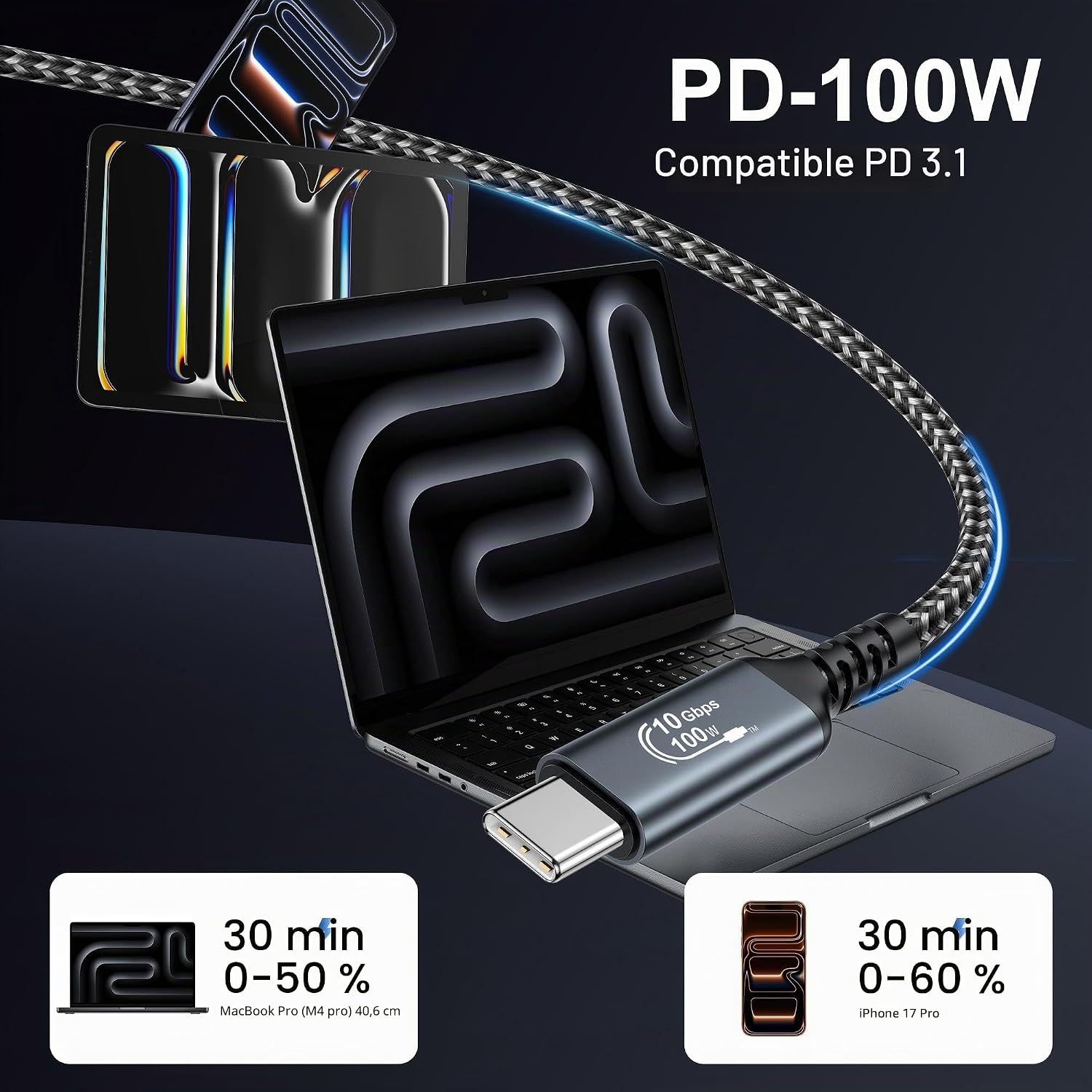 Thumbnail 5 de Câble USB‑C vers USB‑C 100 W (2 m) USB 3.2 Gen 2 10 Gbps avec puce E‑Mark