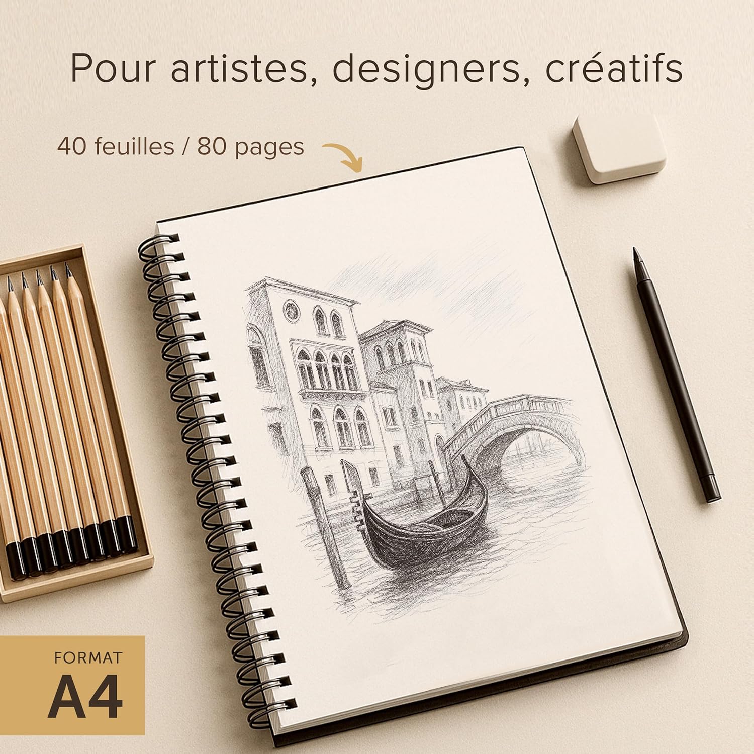 Detalle de Carnet à dessin relié A4 à spirales – Papier très épais 200 g/m², 40 feuilles (80 pages)