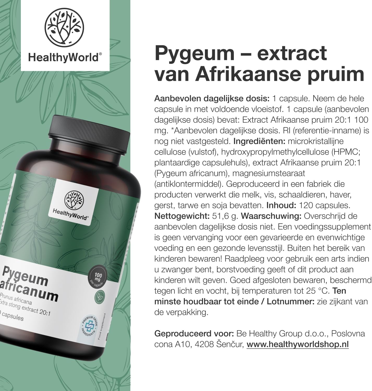 Thumbnail 6 de HealthyWorld Pygeum 100 mg, extract 20:1, 120 vegetarische capsules