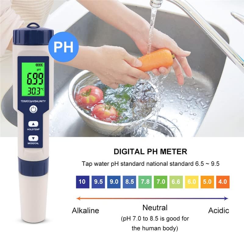 Detalle 1 de Hofun 9909-A-1 5-in-1 Digital Water Tester for Salinity, pH, EC, TDS and Temperature
