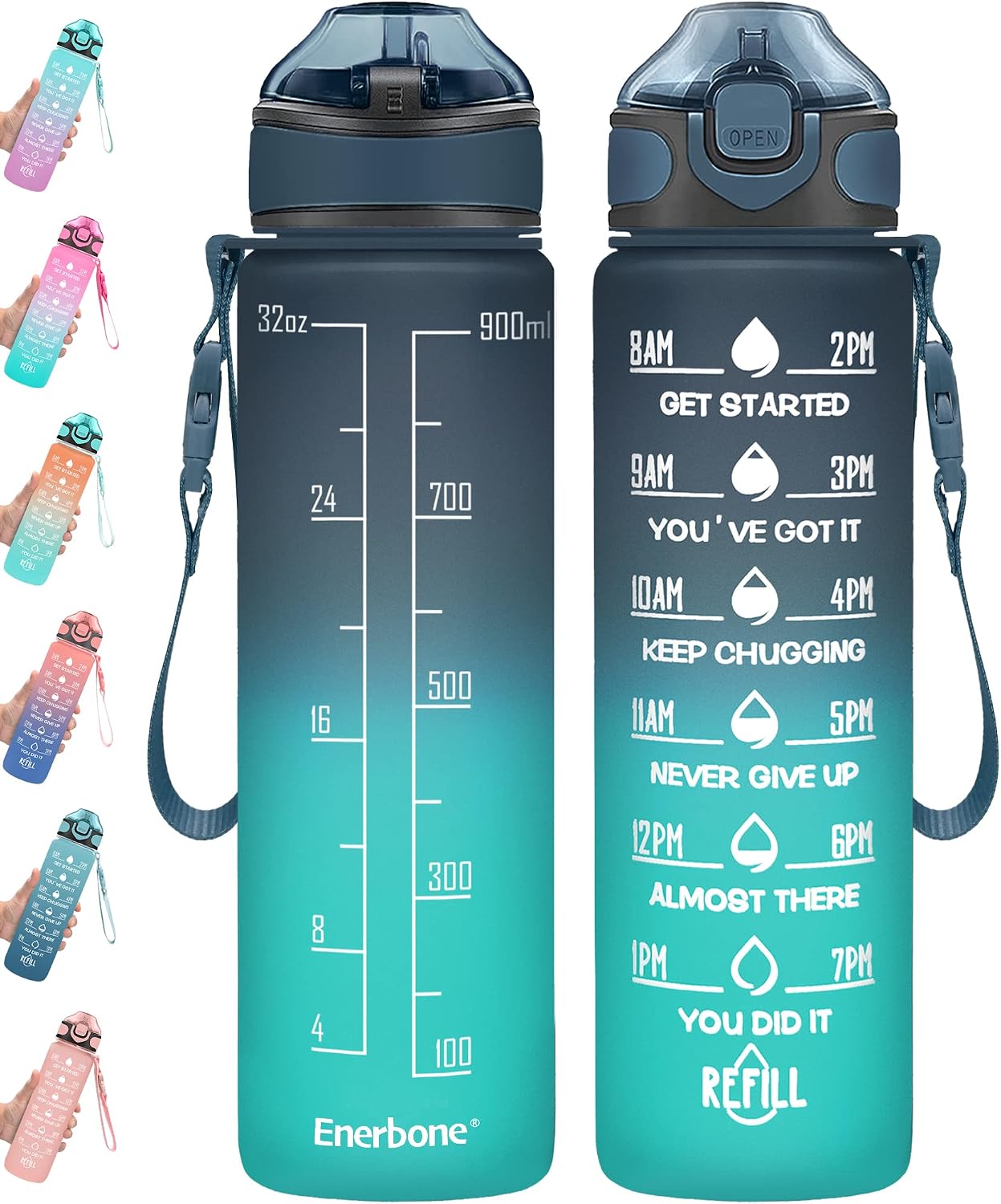 Detalle de Enerbone Wasserflasche 32 oz Water Bottle with Straw, Time Markers and Carry Strap