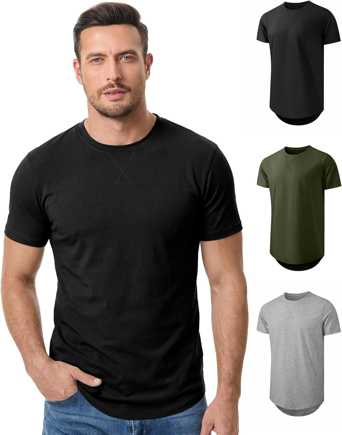Thumbnail 1 de JMIERR Mens 3-Pack Cotton Hipster Longline Crewneck T-Shirts