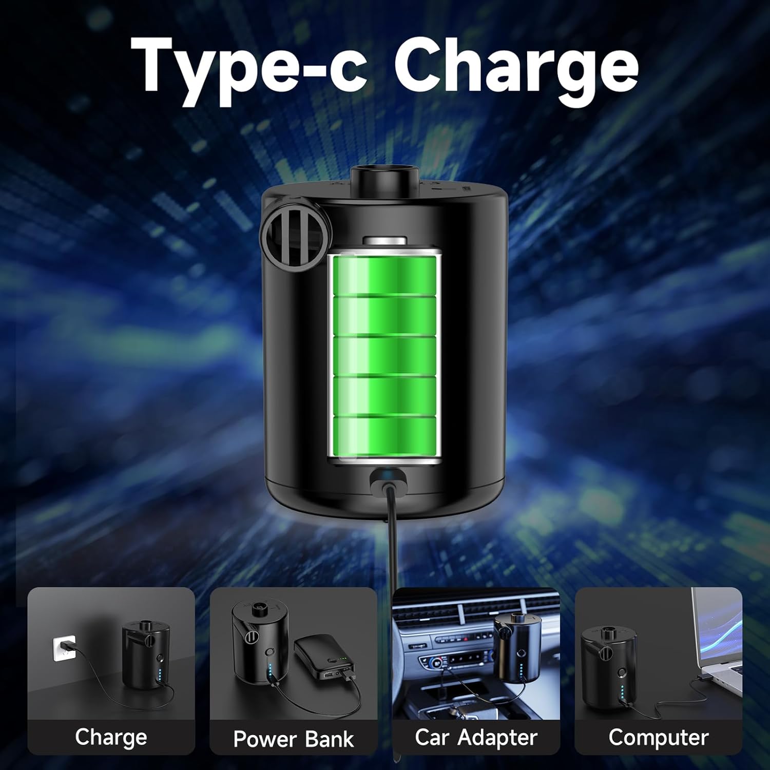 Detalle 2 de TECHSHARE Elektrische Luftpumpe mit 4000mAh Akku – 50 W, 4 Düsen, USB-Aufladung
