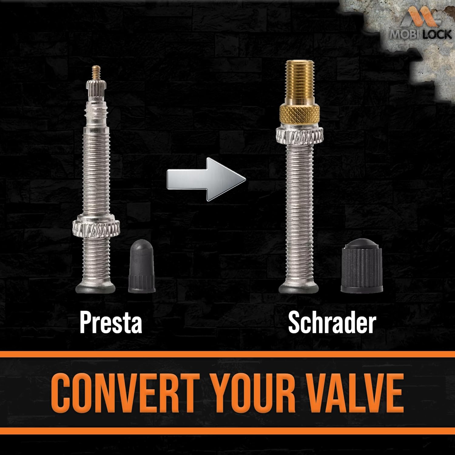 Detalle 2 de Mobi Lock Kit de vélo : adaptateur Presta vers Schrader (kit de 5 valves) pour faire le gonflage partout