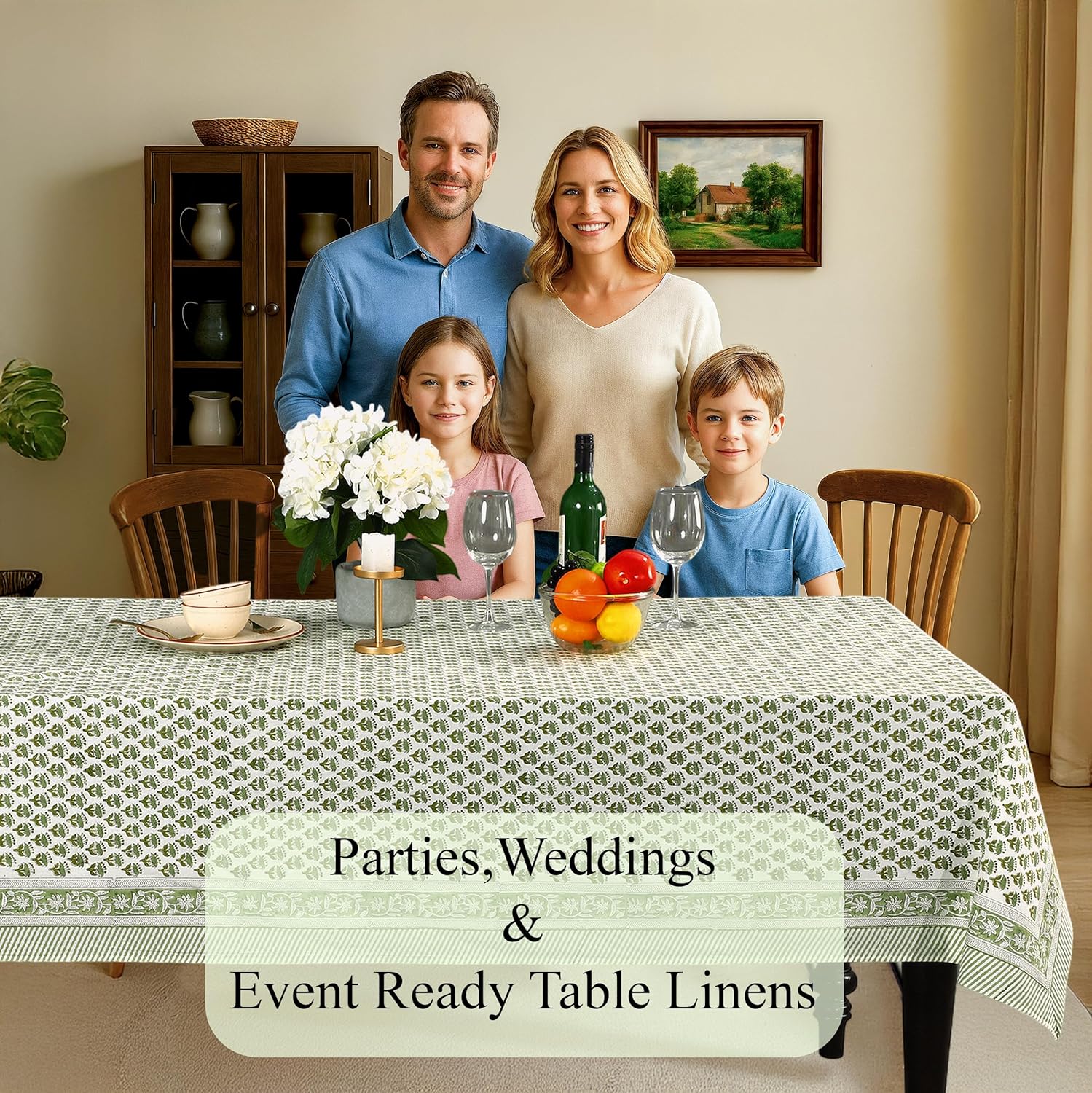 Detalle de CPC Tablecloth 100% Cotton 72x140 Inch Emerald Green Indian Block Print Rectangle Table Cover