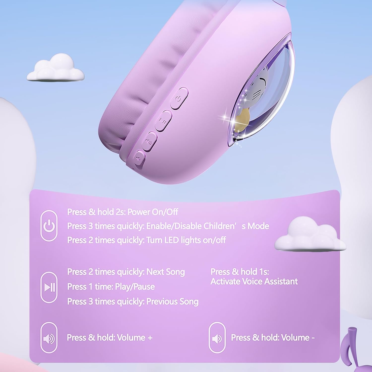 Detalle 2 de esonstyle Cat Ear Kids Headphones (Bluetooth 5.4) with 85dB Safe Volume Limit, Mic + Wired 3.5mm/USB-C