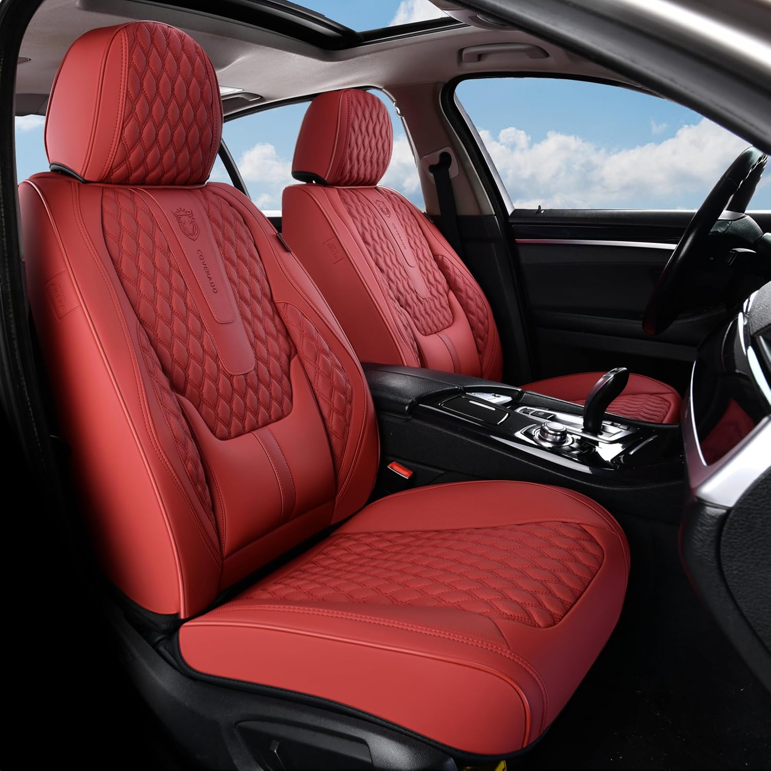 Detalle de Coverado Car Seat Covers Full Set with Red Nappa Leather, Lumbar Support & Universal Fit