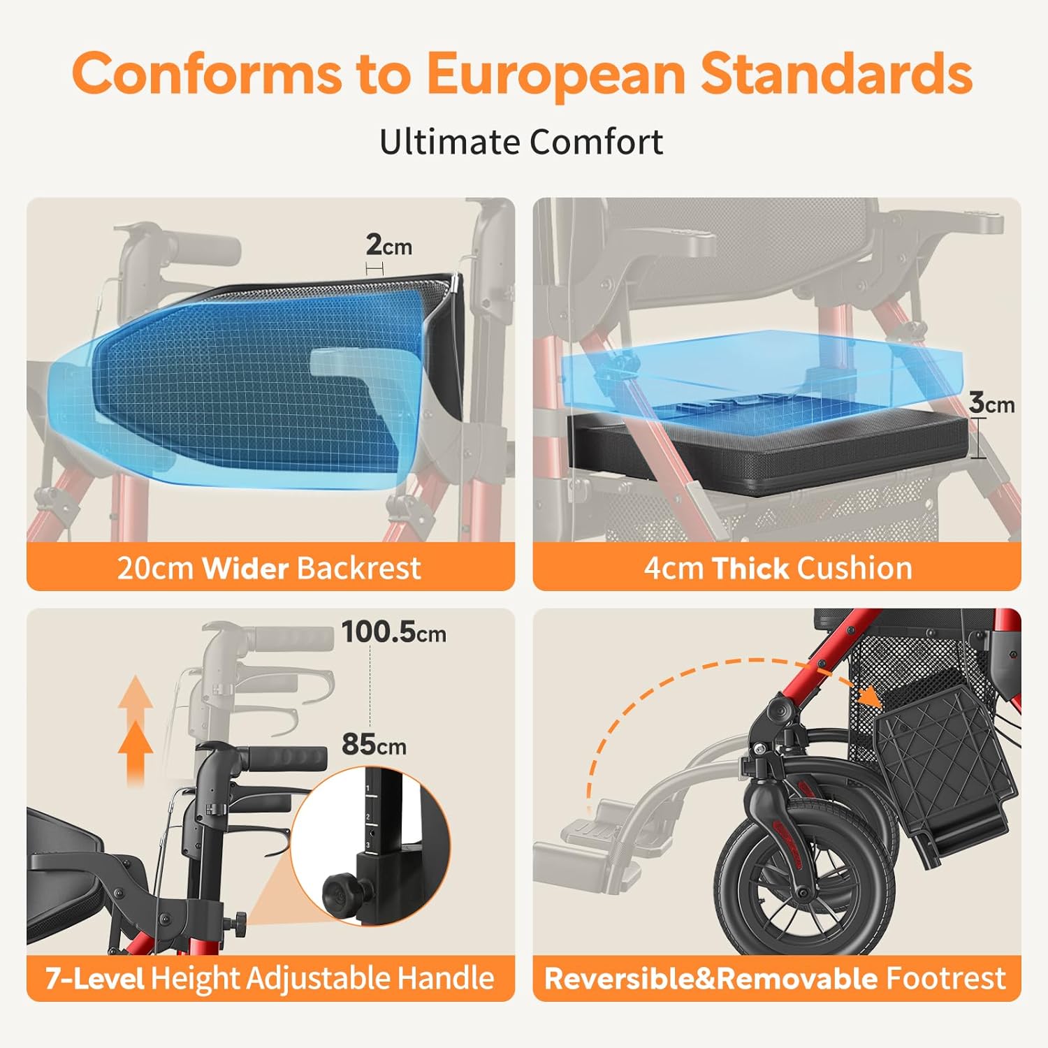 Detalle de VOCIC 2-in-1 Rollstuhl Rollator: faltbar, leicht, mit Sitz, Outdoor-Gummireifen – Aluminium, bis 136 kg