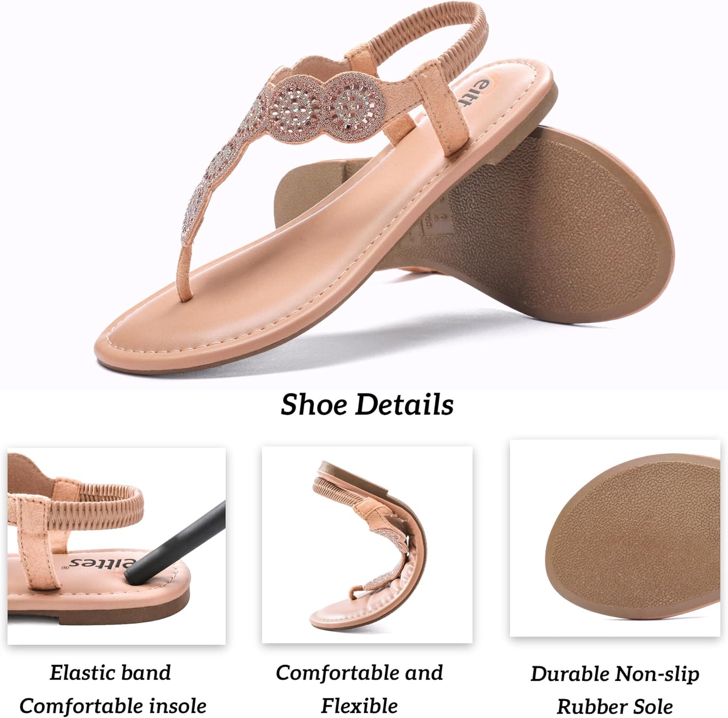 Thumbnail 4 de Veittes Damen Bohemian Flache Sandalen – Glitzernde Strassdekoration, elastischer Knöchelriemen und rutschfeste Sohle