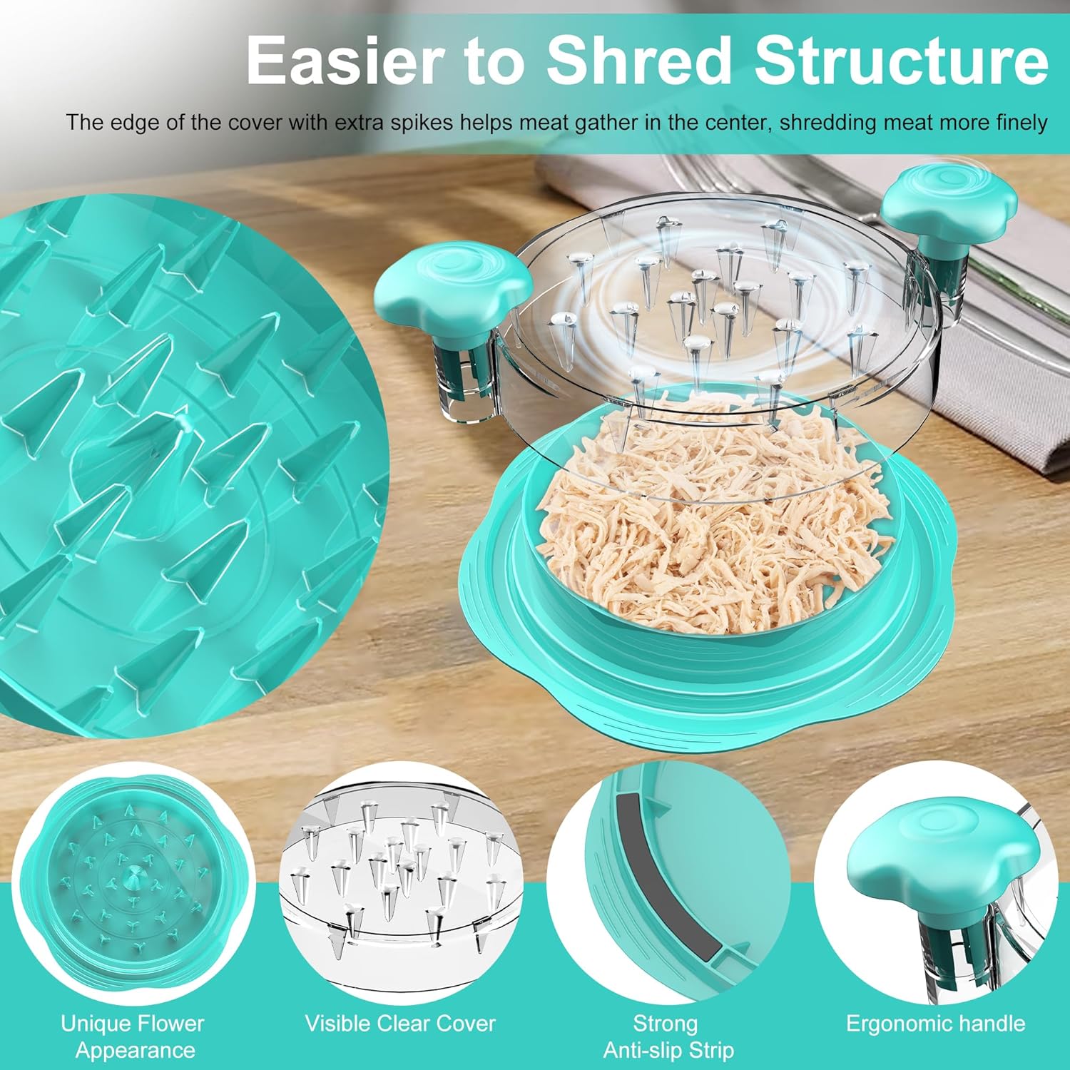 Thumbnail 2 de SURETIVIAN Large Chicken Shredder with Twist, Brush & Fork – Visible Shredding Lid, BPA Free, Mint Green